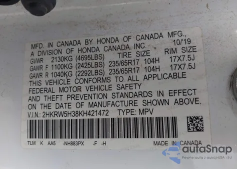 2019 Honda Cr-V Lx from USA, damaged, VIN 2HKRW5H38KH421472